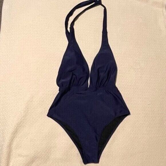 CUPSHE Women 1 Piece Halter Swimsuit M Blue Wrap V-Neck Crisscross Back Straps - Picture 4 of 9